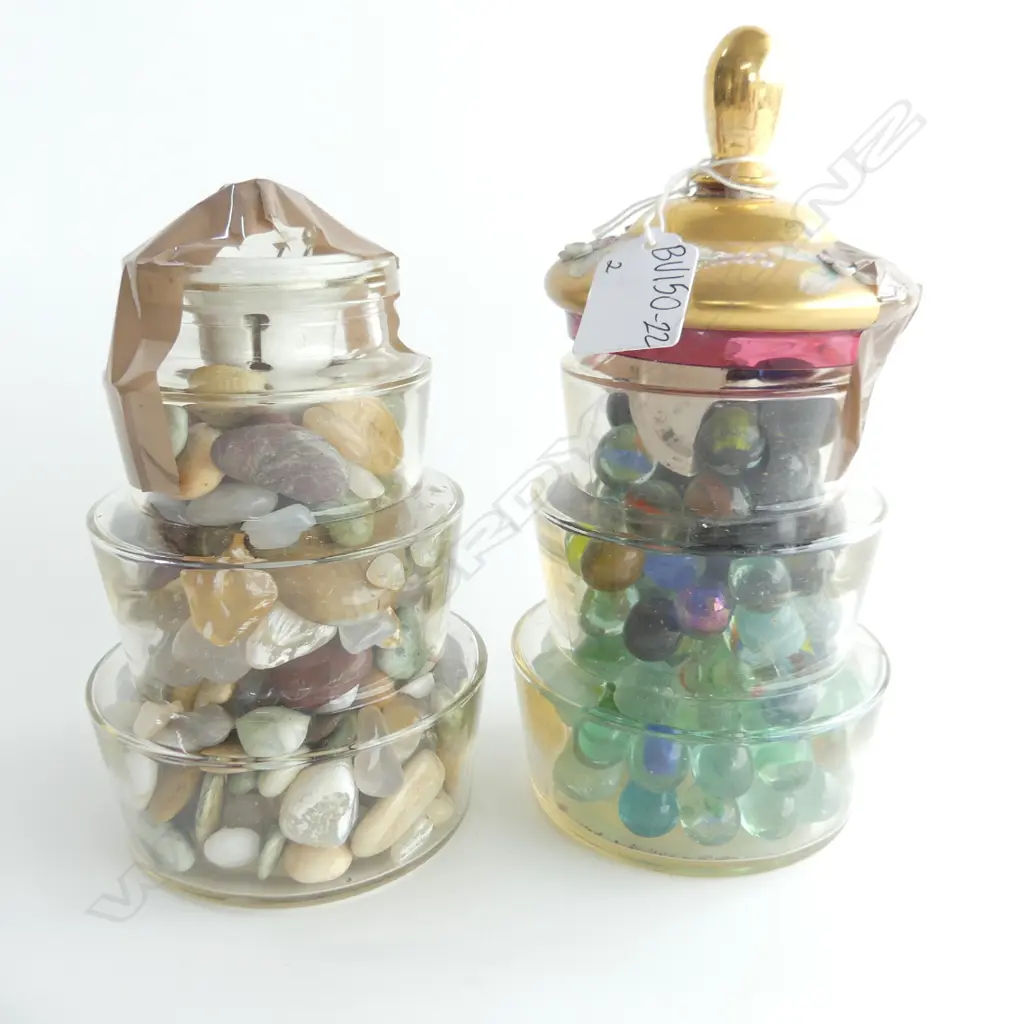 (81)2 GLASS STEPPED CONTAINERS ONE WITH MARBLES INSIDE & MISMATCHED LID,H.220mm OTHER CONTAINS VARIOUS PEBBLES & ODD LID Image 1++
