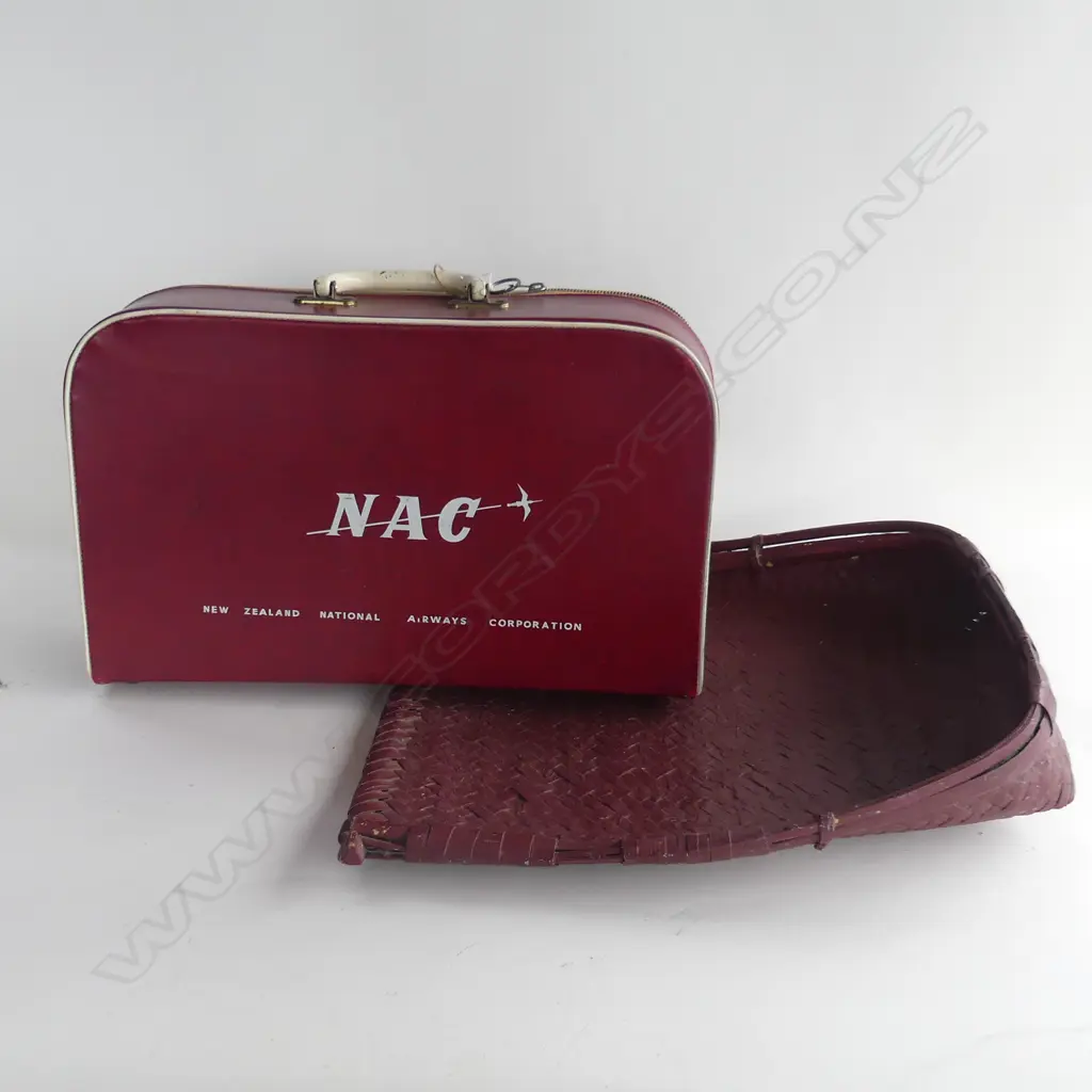 (81) 2 ITEMS, NAC RED CABIN BAG & VINTAGE BAMBOO WINNOWING TRAY Image 1++