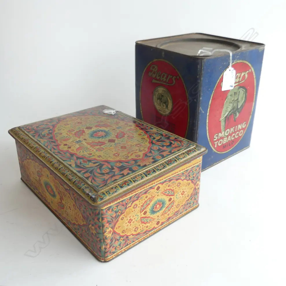 .(68) 2 OLD LARGE TINS, BEARS TOBACCO, H.200mm & MULTICOLORED CAKE TIN Image 1++