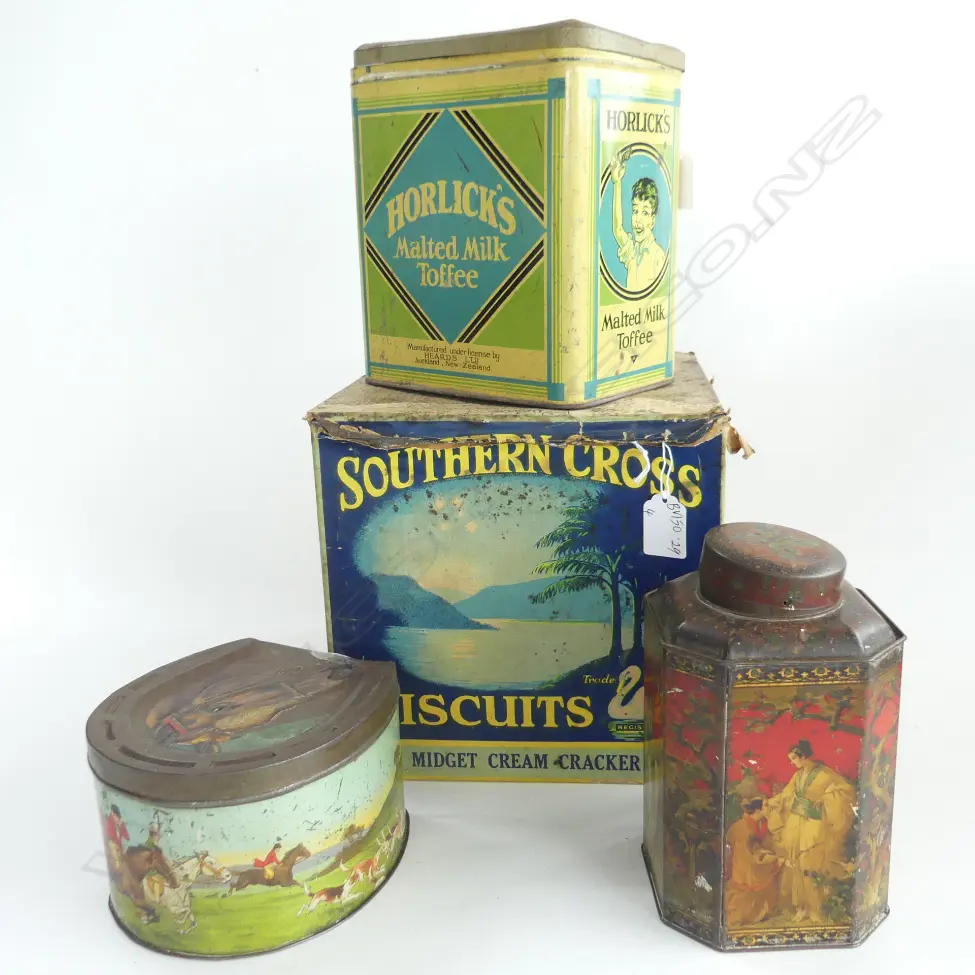 (68) 4 TINS, HORLICKS SOUTHERNCROSS BISQUITS TEA CADDY & HORSESHOE SHAPED Image 1++