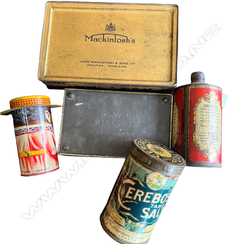 5 VINTAGE TINS:MUSICIAN MONEY BOX + CEREBOS + WELLINGTON METAL POLISH... Image 1++
