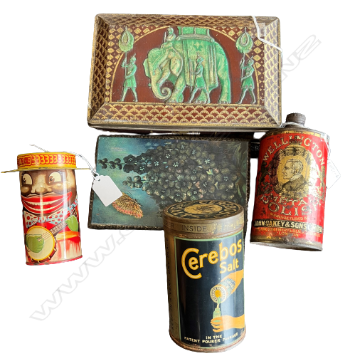 5 VINTAGE TINS:MUSICIAN MONEY BOX + CEREBOS + WELLINGTON METAL POLISH... Image 1++