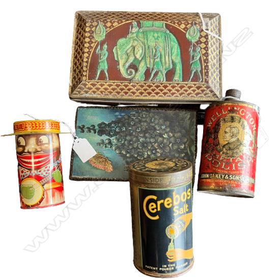 5 VINTAGE TINS:MUSICIAN MONEY BOX + CEREBOS + WELLINGTON METAL POLISH...