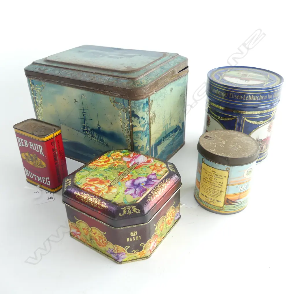 (61) 5 OLD TINS, INCLUDES ONE WITH BATTLESHIP SCENE Image 1++