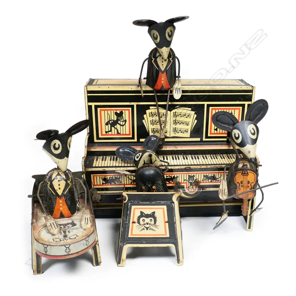(56) LOUIS MARX  MERRYMAKERS MOUSE TIN TOY BAND: PIANO PLAYER & 3PC. H.60mm Image 1++