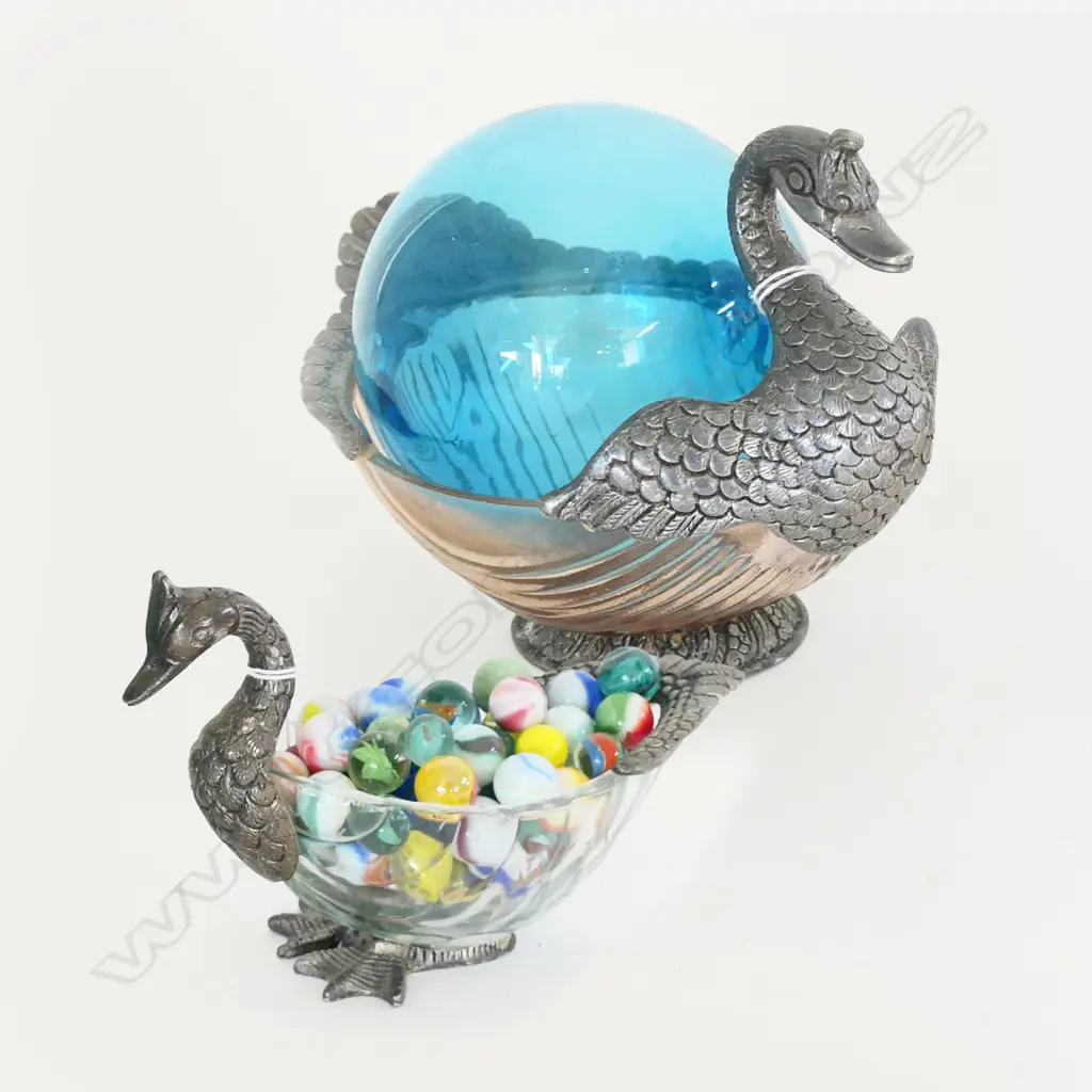 (85)  2 METAL & GLASS SWANS WITH MARBLES 150MM TALLEST Image 1++