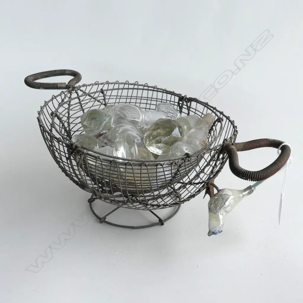 (86) VINTAGE WIRE EGG BASKET (320mm) plus GLASS BOTTLE TOPS Image 1++