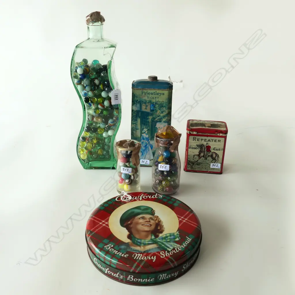 (93) 3 GLASS BOTTLES OF MARBLES & 3 VINTAGE TINS TALLEST 370MM Image 1++
