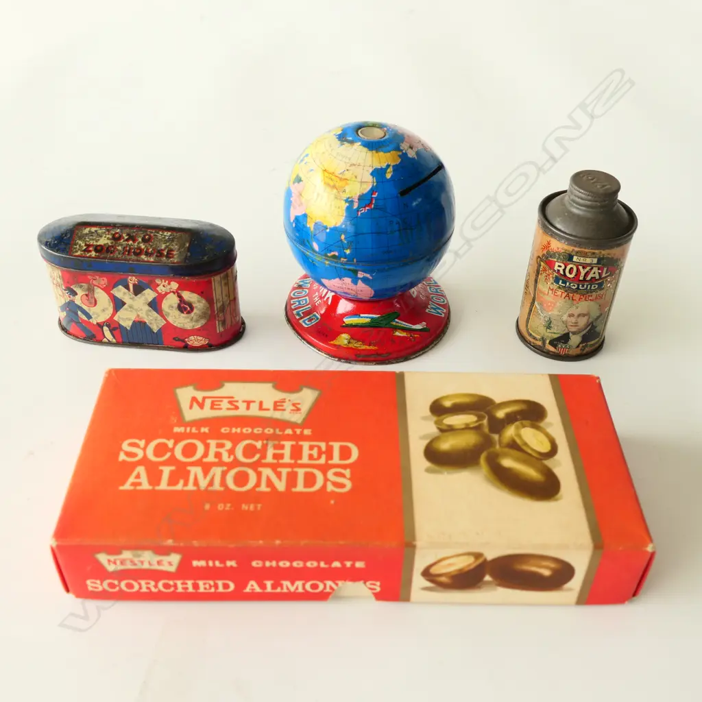 (64)NESTLES ALMOND BOX, OXO TIN + WORLD TIN MONEY BOX Image 1++
