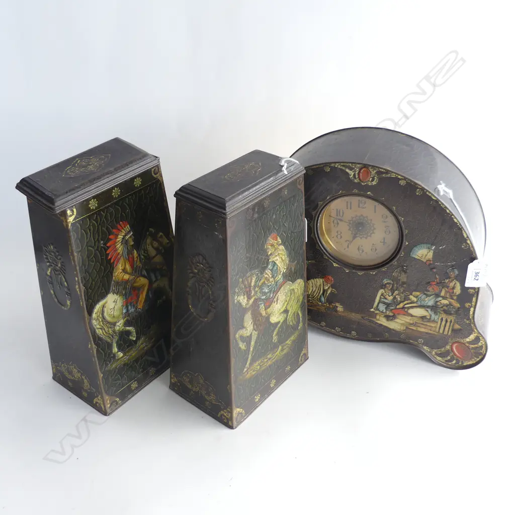 (73) VINTAGE VICTORY SWEETMEATS TIN CLOCK & 2 SIDE ORN TINS 280MM Image 1++