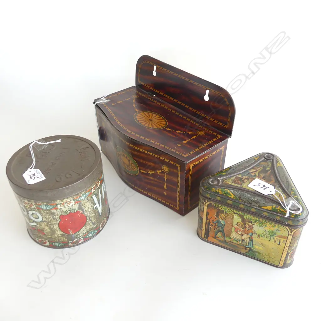 (73) 3 VINTAGE TINS:VAN-LOO CIGARS + SHERATON WALL TIN + H & P blacksmith trinagular tin Image 1++