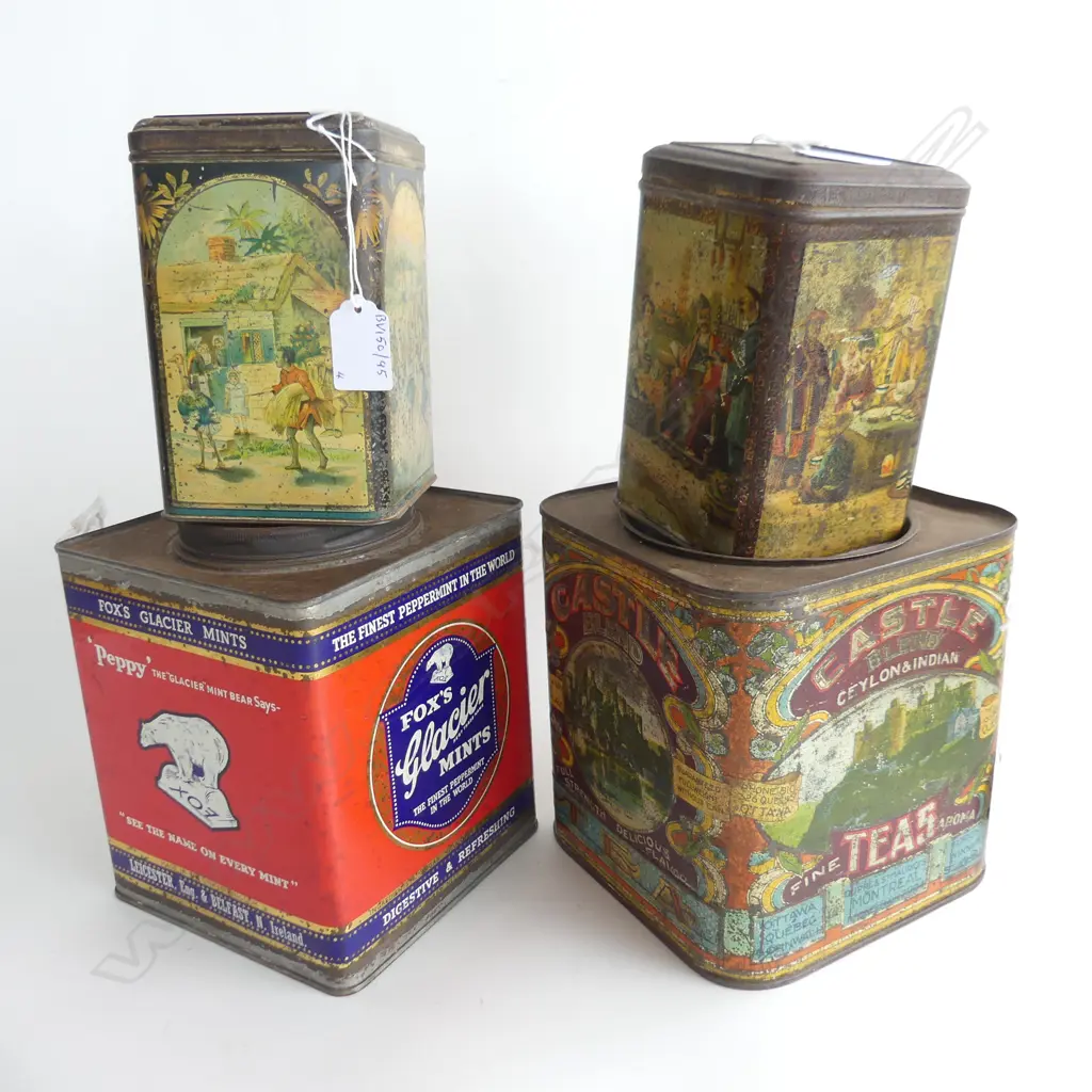 (66) 4 VINTAGE TINS: 3 TEA & 1 MINTS TIN. TALLEST 200mm Image 1++