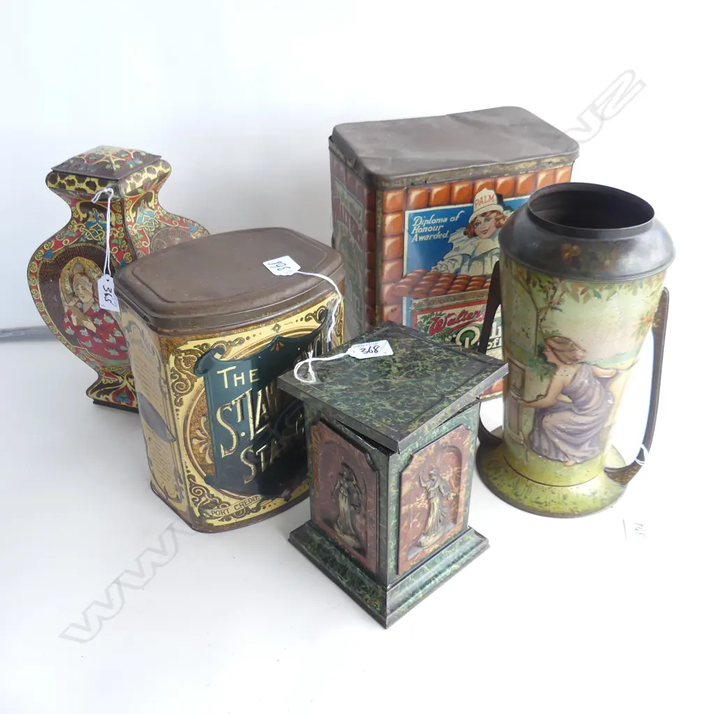 (75) 5 LARGE VINTAGE TINS PALM TOFFEE ST LAWRANCE STARCH ETC 290 TALLEST Image 1++