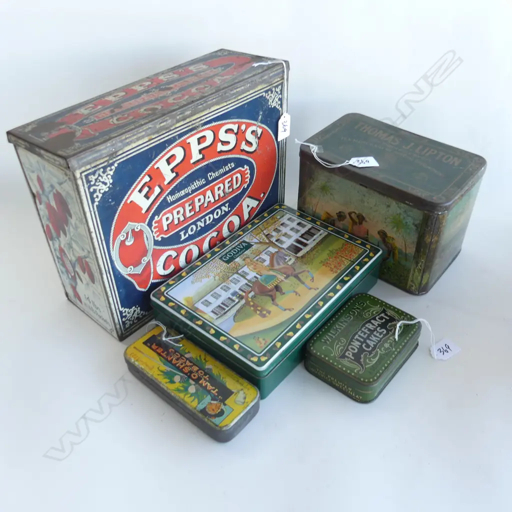 (70) 5 VINTAGE TINS TOBACO TEA COCOA ETC 245MM TALLEST Image 1++