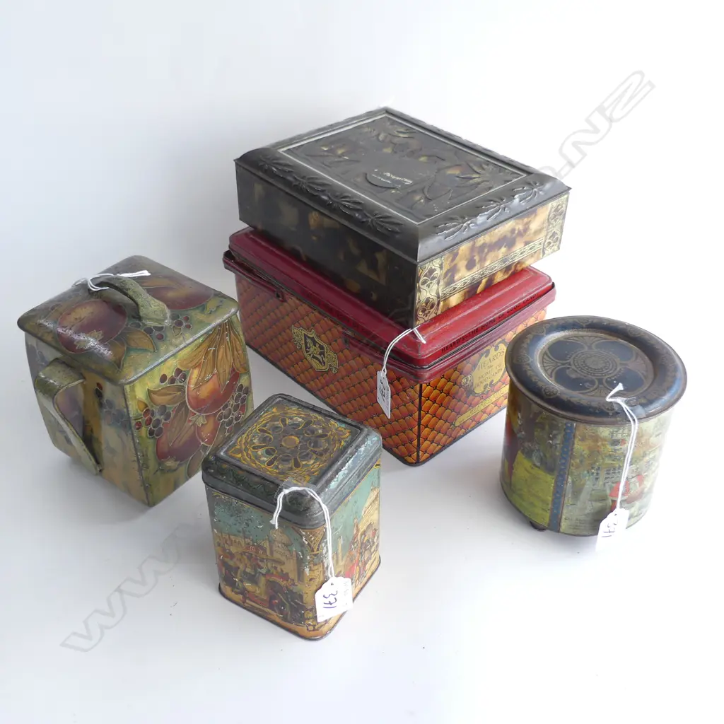 (70) 5 VINTAGE TINS HEARDS CANDY TEA ETC 140MM TALLEST Image 1++