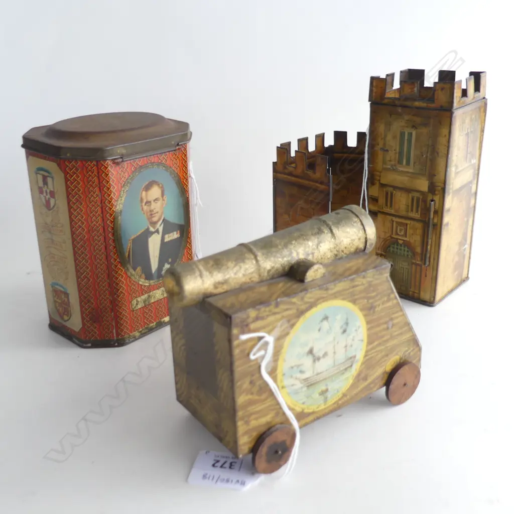 (70) 3 VINTAGE TINS CASTLE CANNON & CORONATION 170MM TALLEST Image 1++