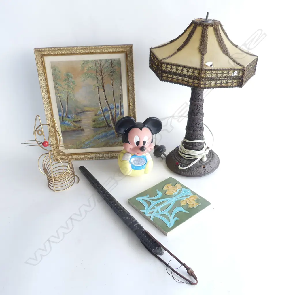 (53) BOX LOT 2 LAMPS TILE MICKEY MOUSE & PART CARVED MAORI STICK ETC Image 1++