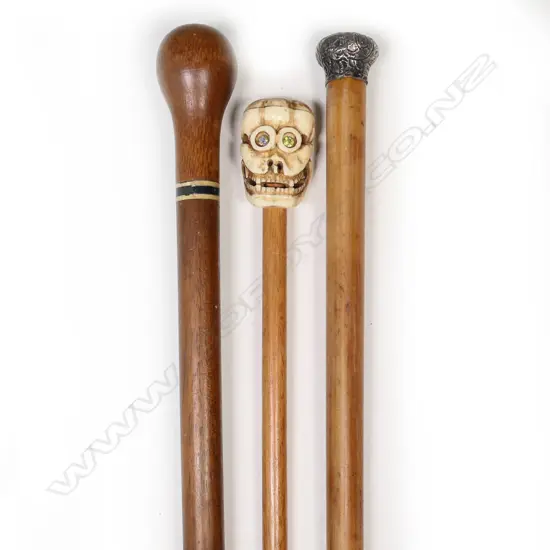 3 WALKING STICKS,INCL. 1 PITCAIRN ISLANDS & 1 WITH BONE CARVED MASK FINIAL
