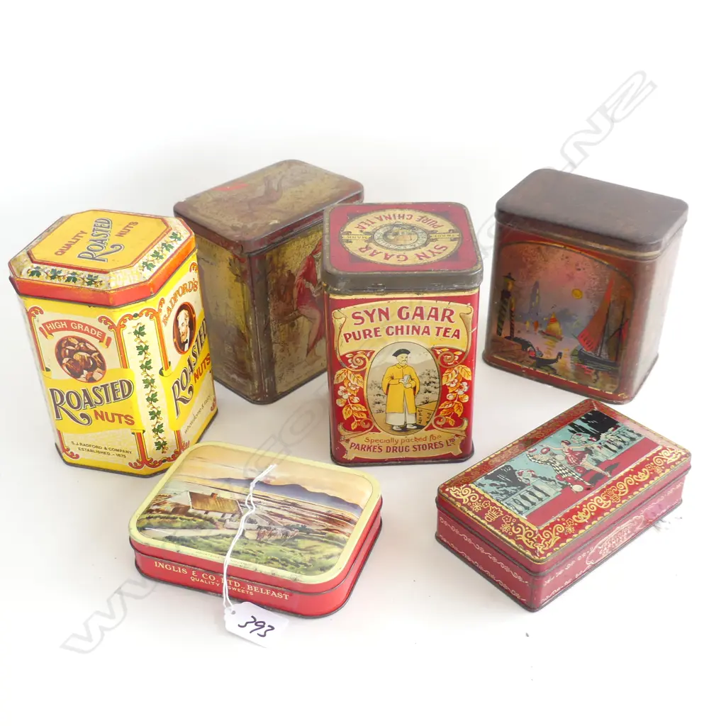 6 OLD TINS, THREE TEA, SWEETS & ROASTED NUTS Image 1++