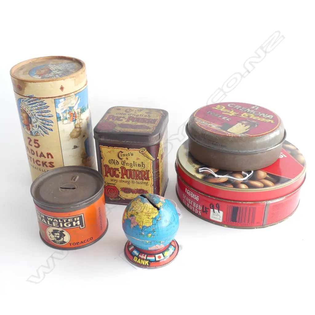 (62) 6 OLD TINS. INCLUDES INDIAN STICKS AND SMALL GLOBE MONEY BANK Image 1++