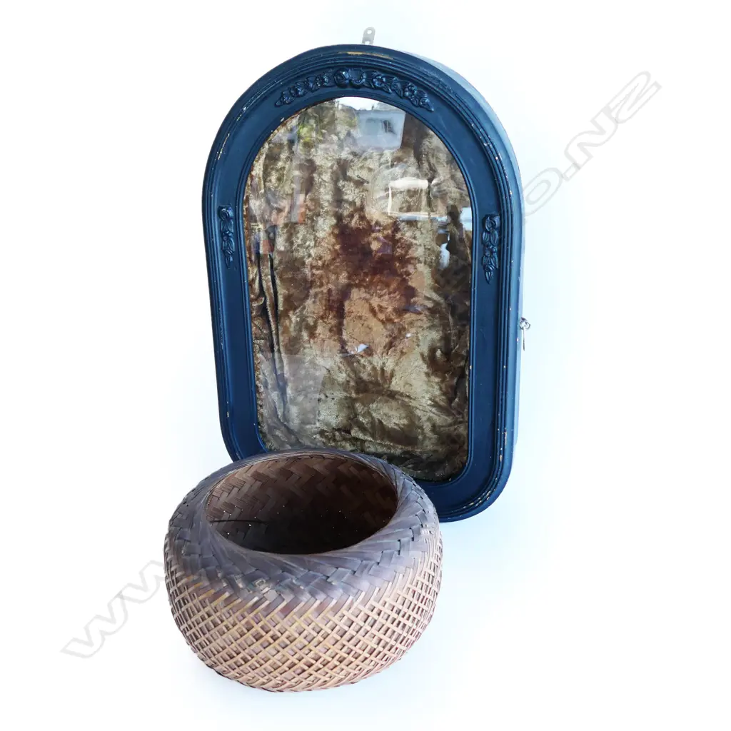 (55) 2 ITEMS, VICTORIAN WALL MOUNTED VELVET LINED DISPLAY CASE, H.500mm plus CANE BASKET Image 1++