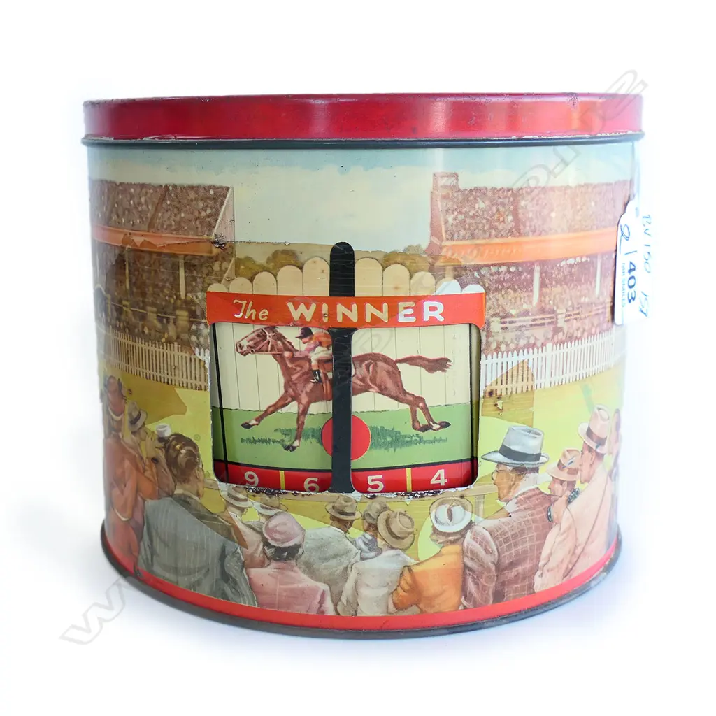 (59) 2 OLD TIN ITEMS. BISCUIT TIN AS HORSE RACE WITH REVEAL & DRUM. Image 1++