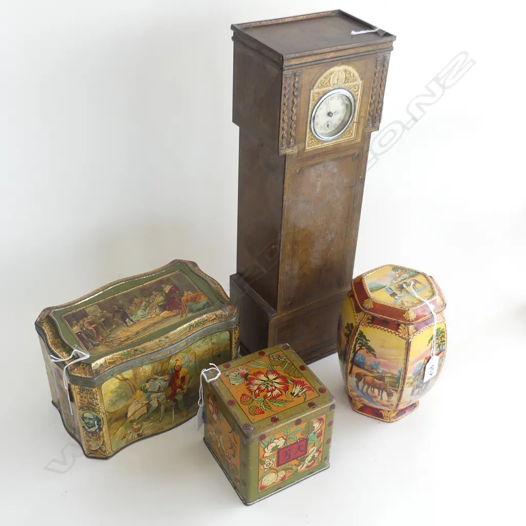 (74) 3 VINTAGE TEA TINS & TIN GRANDFATHER CLOCK 450MM TALLEST Image 1++
