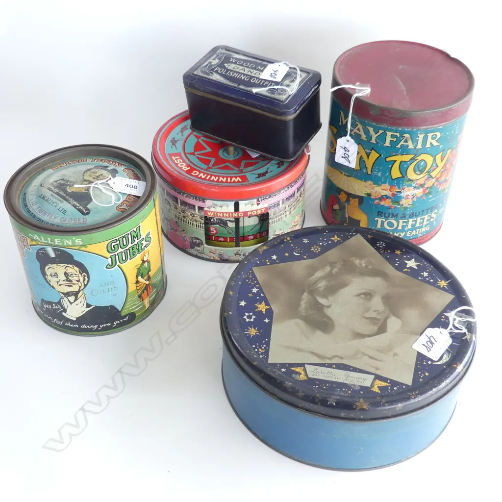 (74) 5 VINTAGE TINS & WINNING POST TIN 200MM TALLEST Image 1++