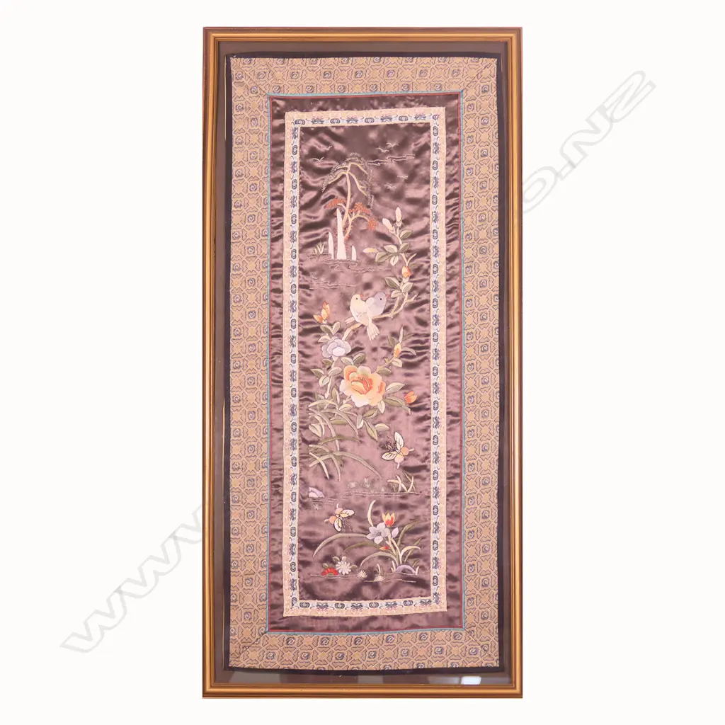 FRAMED SILK EMBROIDERY. DEPICTS BIRDS AMONGST FOLIAGE H.710mm Image 1++