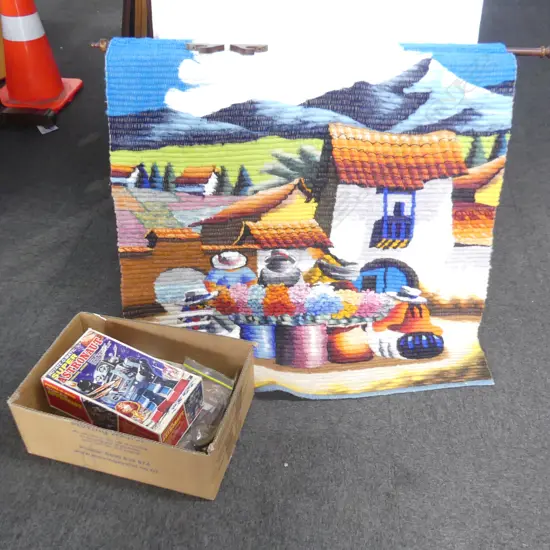 BOX LOT, WALL HANGING, BRASS FIREDOGS, ROBOT TOY BOX ONLY, ETC