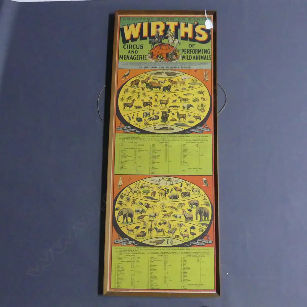 VINTAGE FRAMED WIRTH CIRCUS ANIMAL SIGN, 1000 x 350mm Image 1++