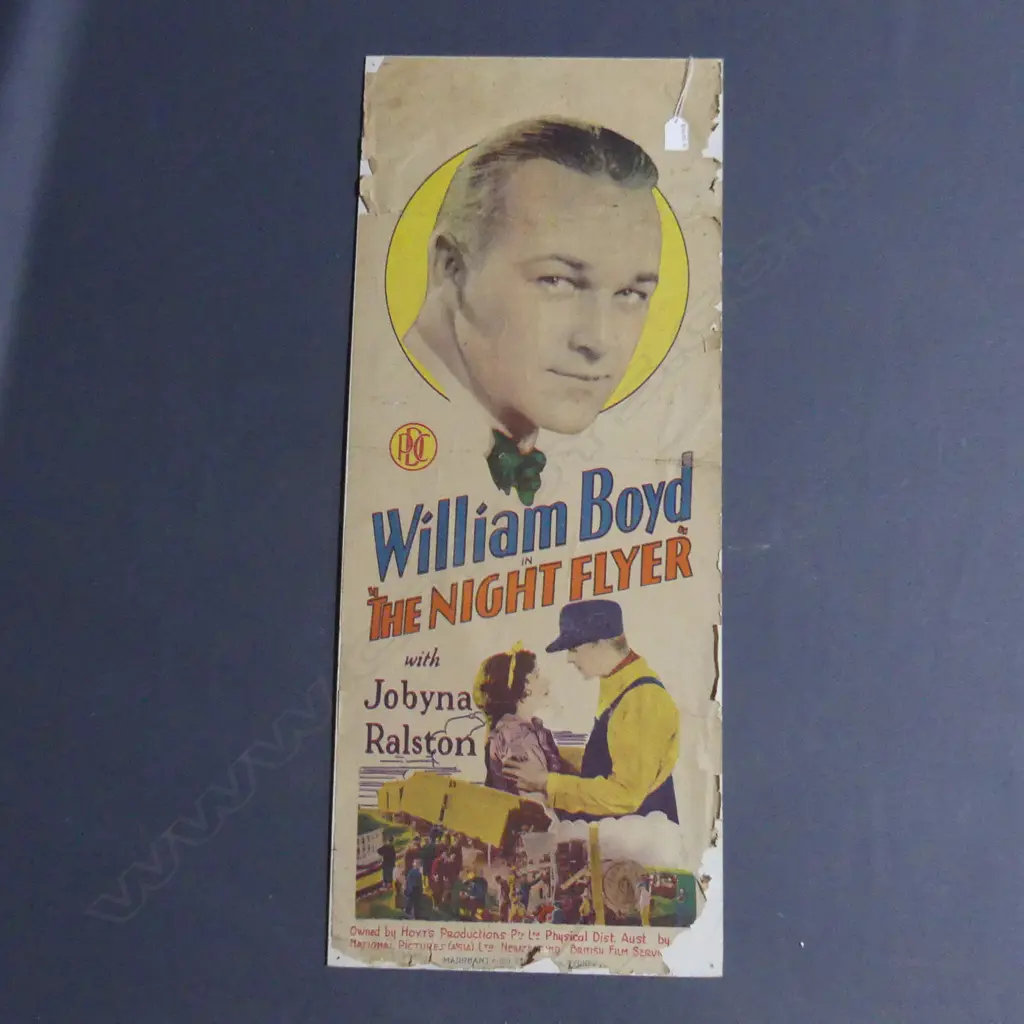 MOVIE DAYBILL POSTER FOR 'THE NIGHT FLYER' MOUNTED ON CARD PRINTED IN SYDNEY, SOME WEAR AT BOTTOM, 950 x 385mm Image 1++