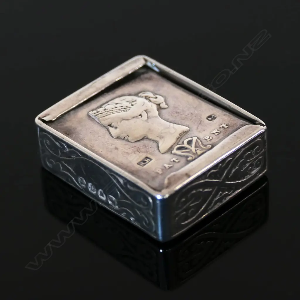 Very Rare Sterling Silver Stamp Box “MACNEILL’S PATENT STAMP APPLICATOR,” Image 1++
