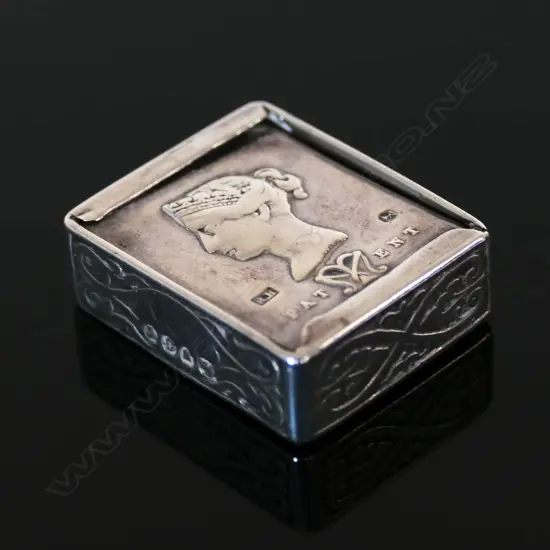 Very Rare Sterling Silver Stamp Box “MACNEILL’S PATENT STAMP APPLICATOR,”