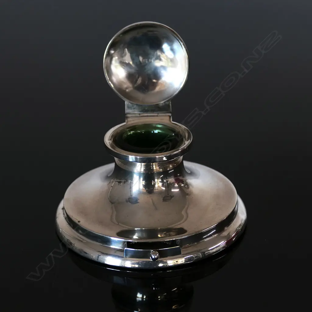 Silver Capstan Inkwell complete with green glass insert and small drawer to base to accommodate stamps, Image 1++