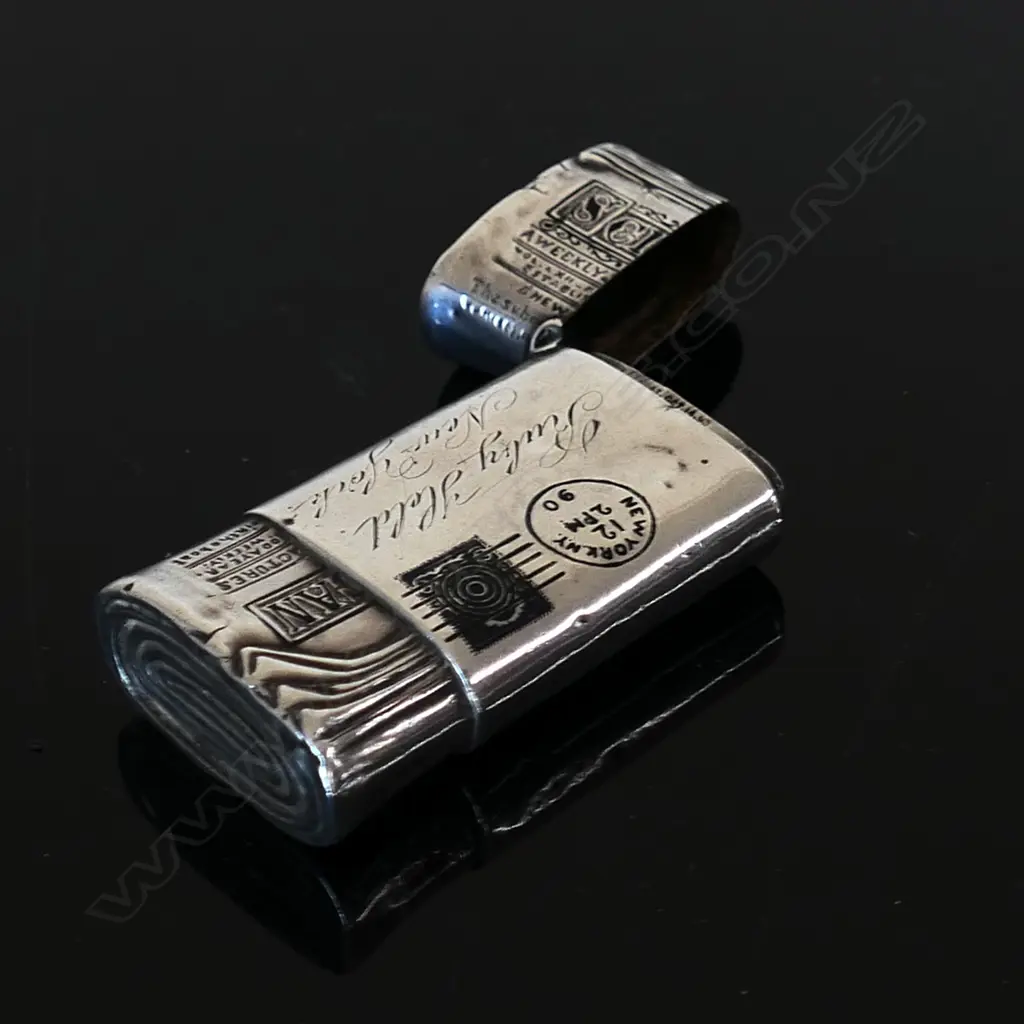 Late 19thC American Silver and enamel Vesta case shaped as a rolled copy of the Scientific American magazine Image 1++