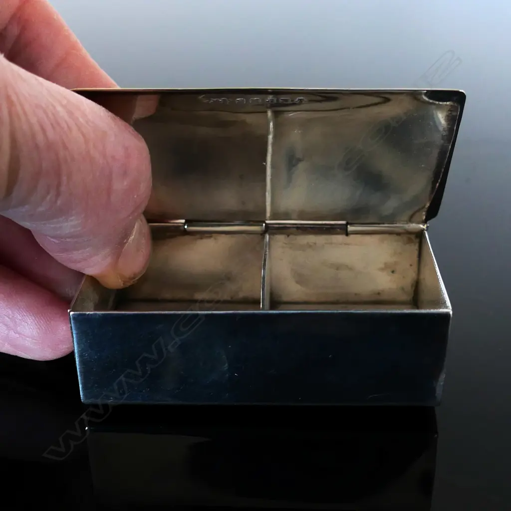 Silver Plate t wo compartment stamp box, hinged lid  plain finish Image 1++