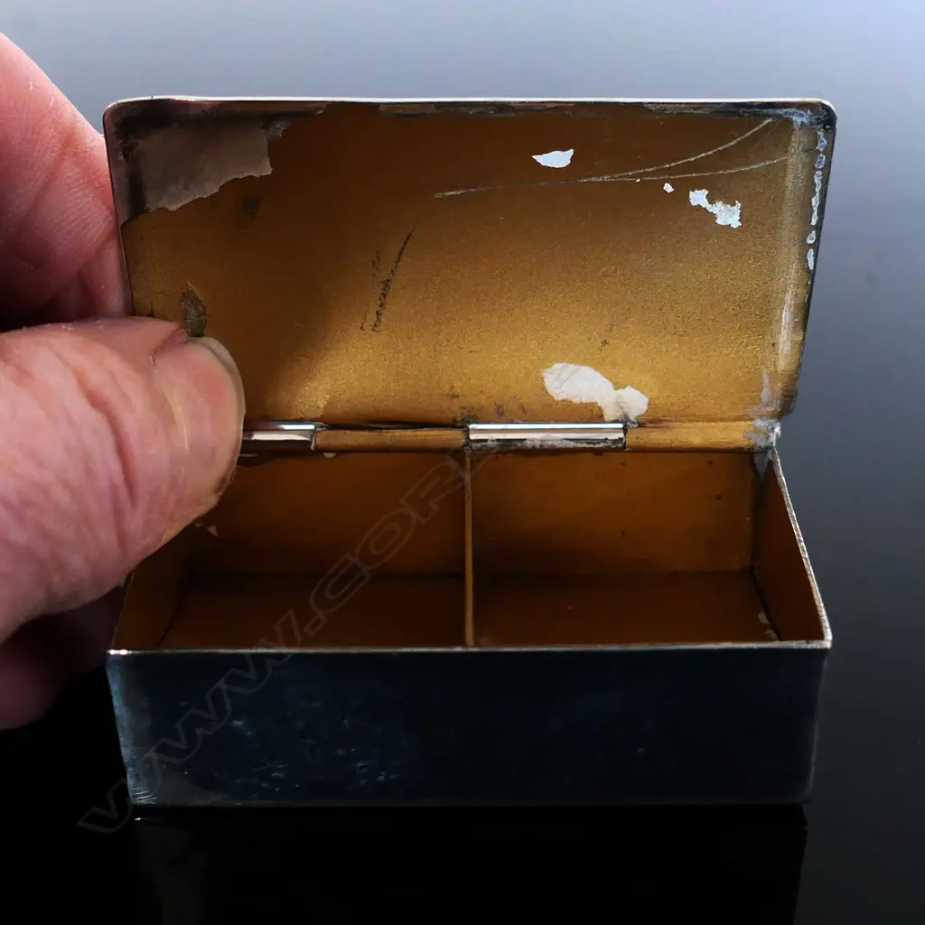 Silver Plate t wo compartment stamp box, hinged lid  plain finish Image 1++