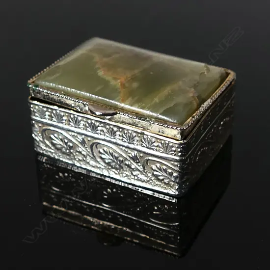 Gilt Stamp Box with Green Onyx Hinged top, marked “ITALY.”