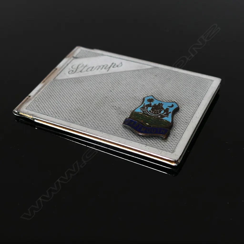 Chromium Plated Stamp Case marked “Stamps and Coat of Arms Badge “DARTMOUTH” Image 1++