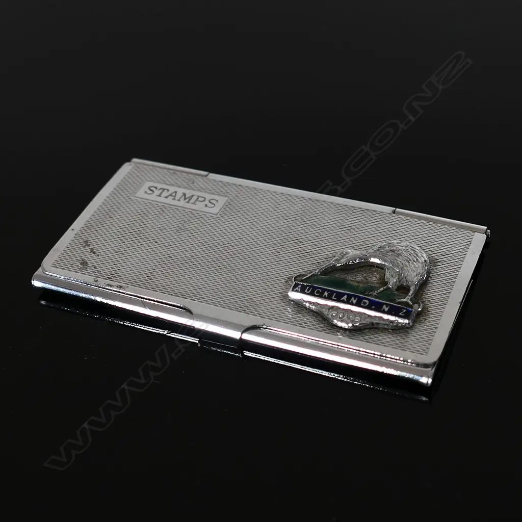 Chromium Plated Three Compartment Stamp Case marked “Stamps and enamel and Silver “Kiwi” Logo badge “AUCKLAND NZ” Image 1++