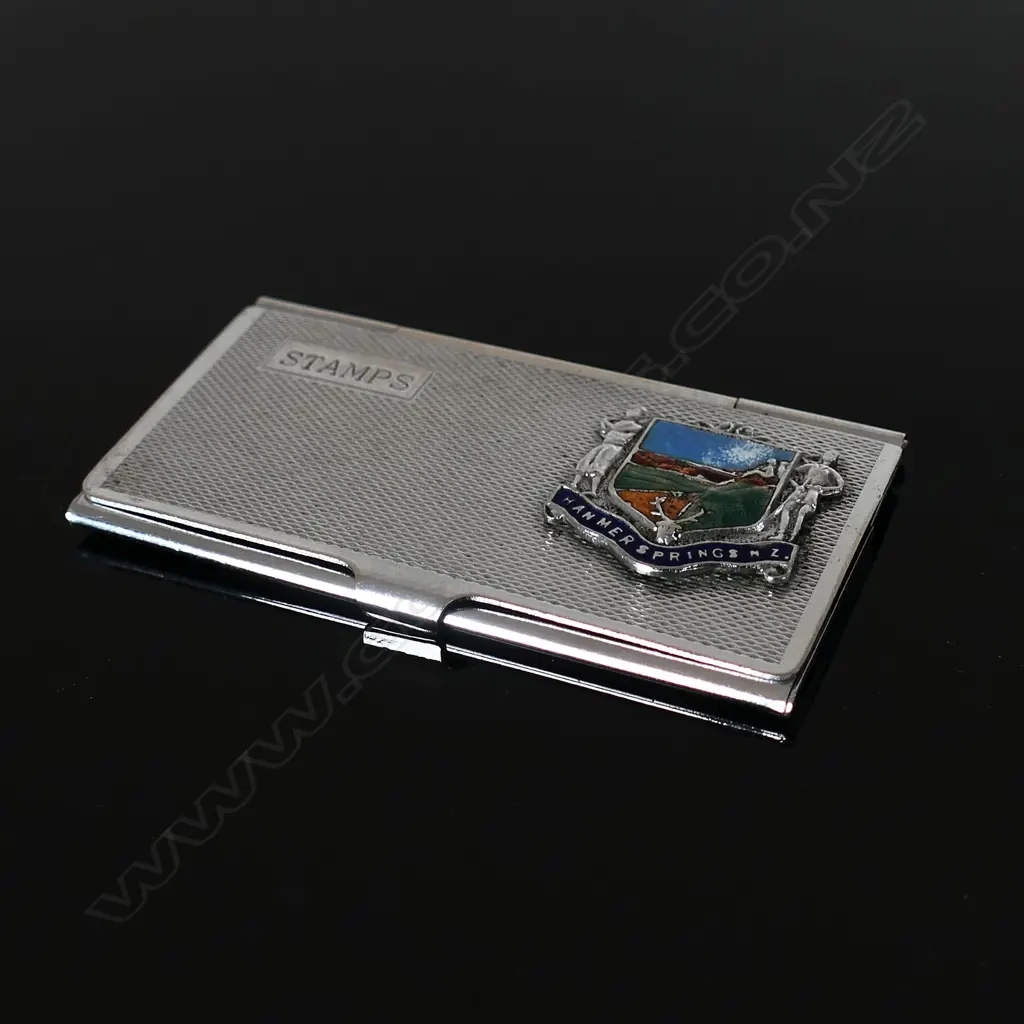 Chromium Plated Three Compartment Stamp Case marked “Stamps and enamel and Silver Logo badge “HANMER SPRINGS NZ” Image 1++