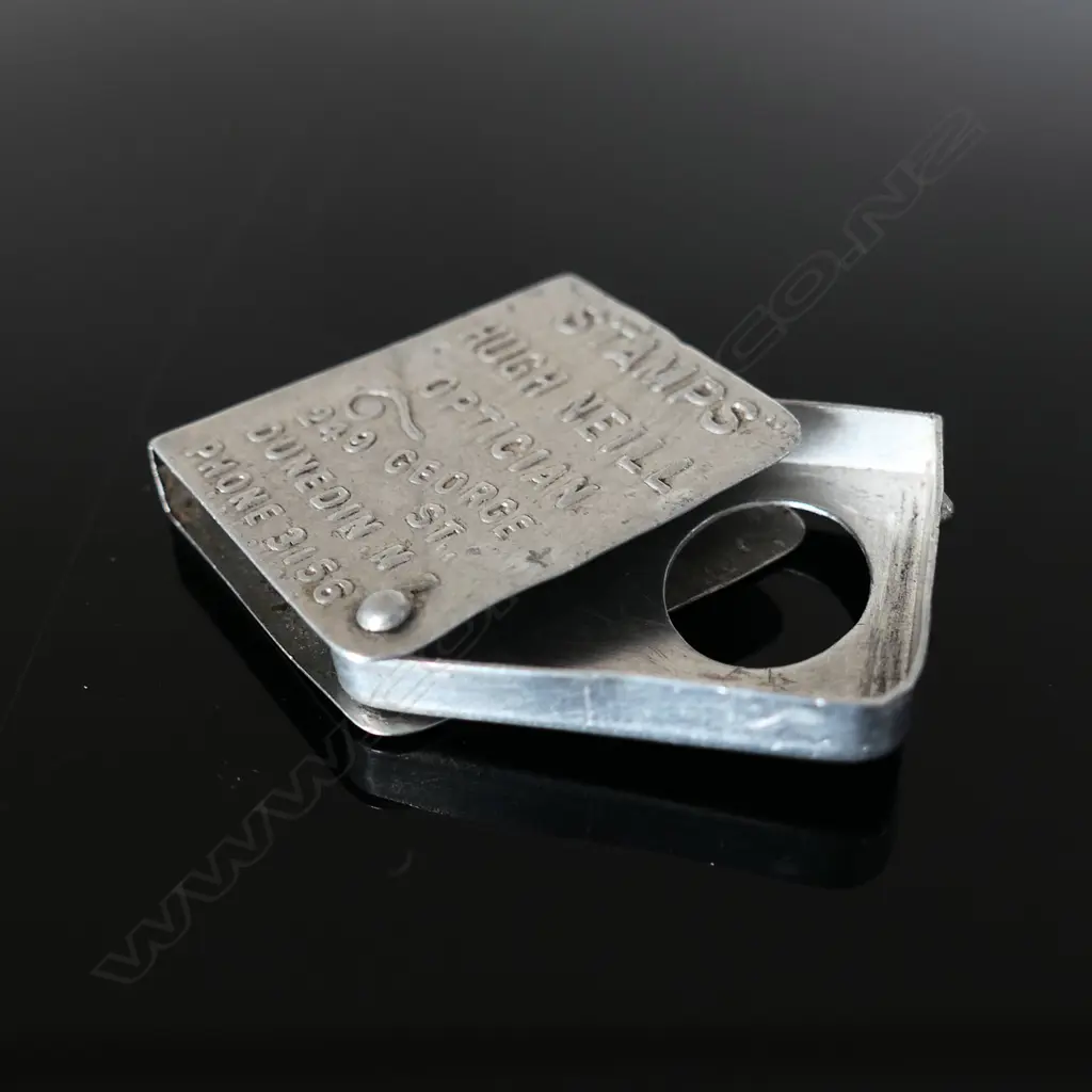 NZ Advertising Aluminium Stamp Case, with the outer embossed with the firm’s details. Image 1++