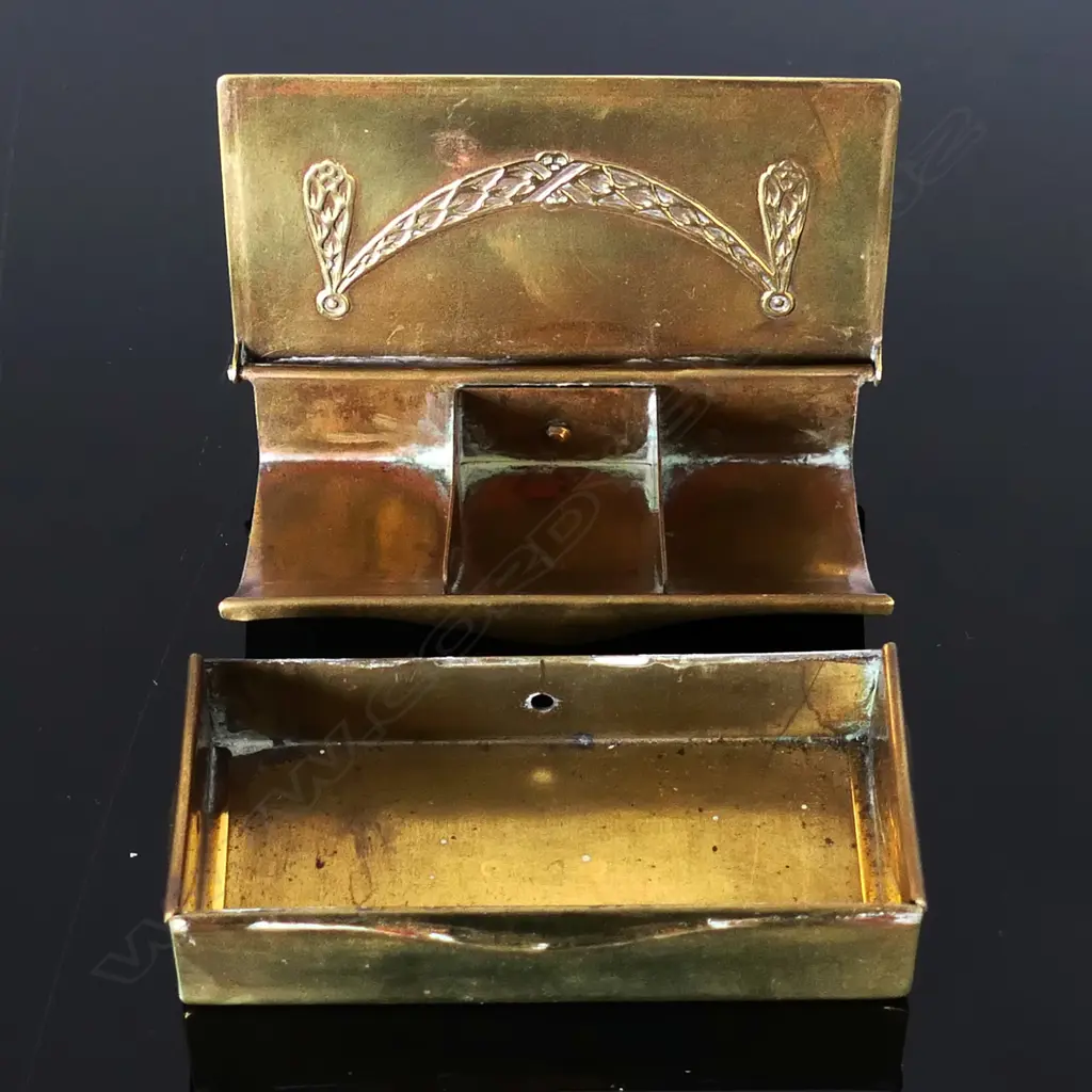 German Brass Three Compartment Postage Stamp Box with fine swag intaglio engraved and coloured enamel surfaced hinged lid. Image 1++