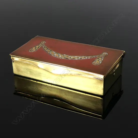 German Brass Three Compartment Postage Stamp Box with fine swag intaglio engraved and coloured enamel surfaced hinged lid.