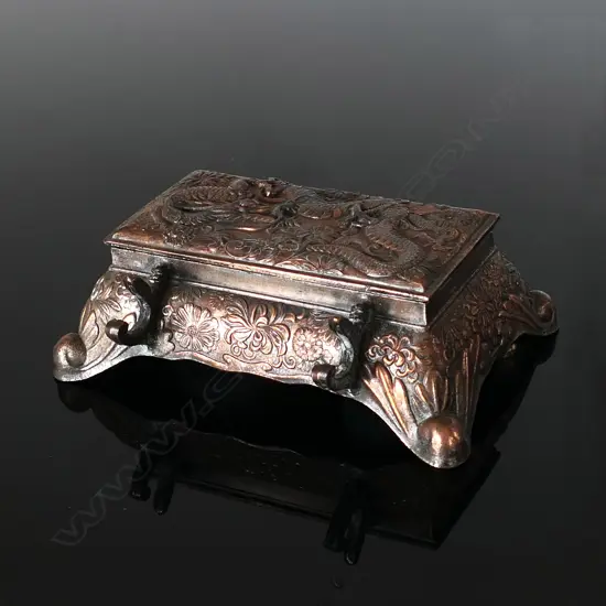 Japanese Meiji Period Desk Stand with Two Inkwells flanking a nib wipe, together with three stamp compartments in the  lid.