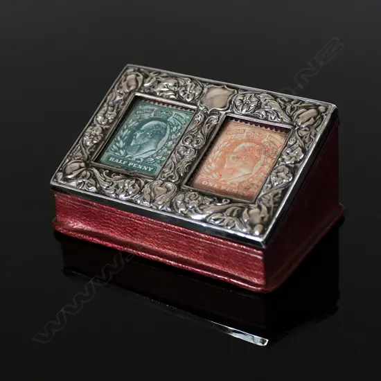 1903 Birmingham Hallmark Silver and Leather Double Compartment Postage Stamp Box, by E S Barnsley & Co (Edward Souter Barnsley).
