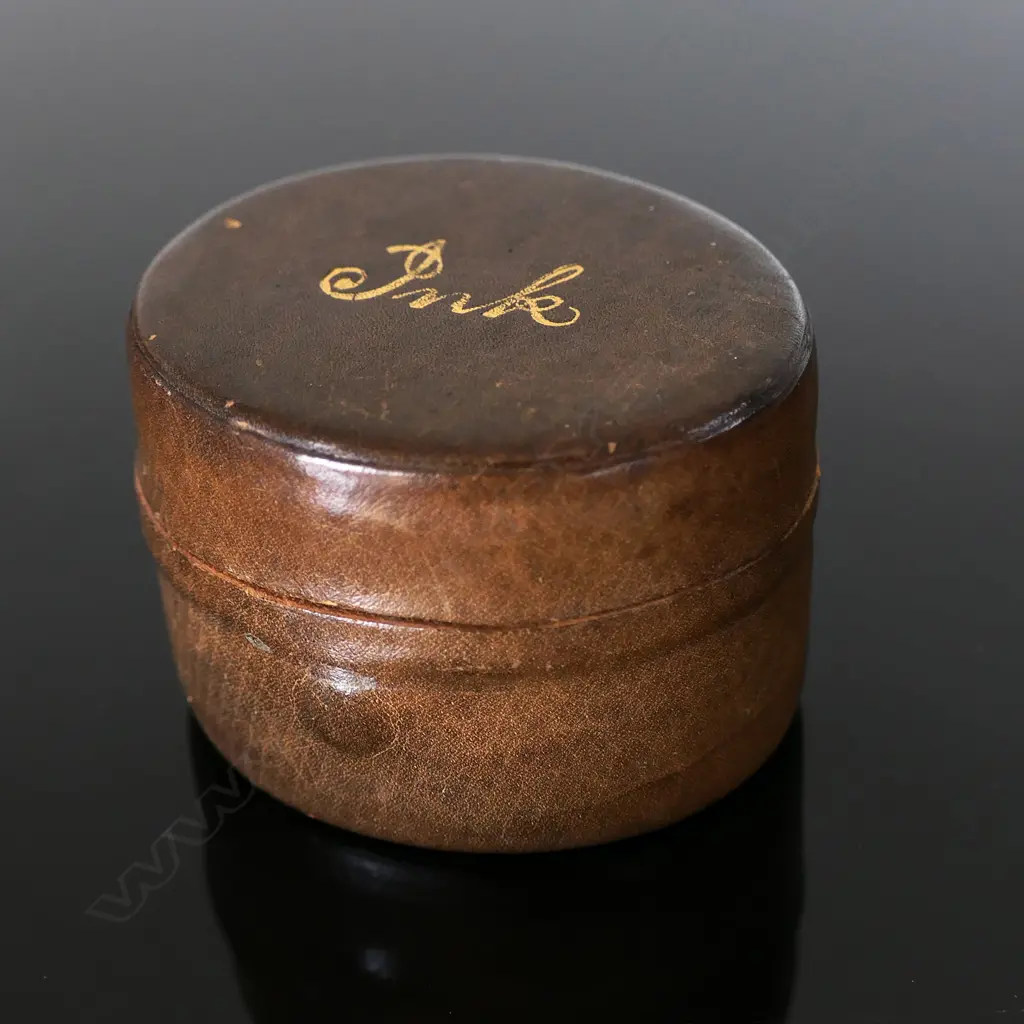 Dark Brown Leather Travelling Ink Well Case shaped like hat box, Image 1++