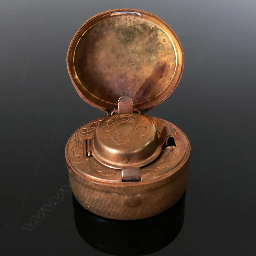 Dark Brown Leather Travelling Ink Well Case shaped like hat box, Image 1++