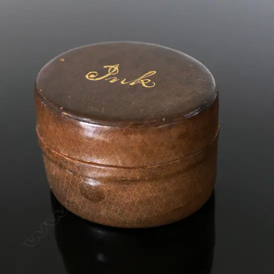 Dark Brown Leather Travelling Ink Well Case shaped like hat box,